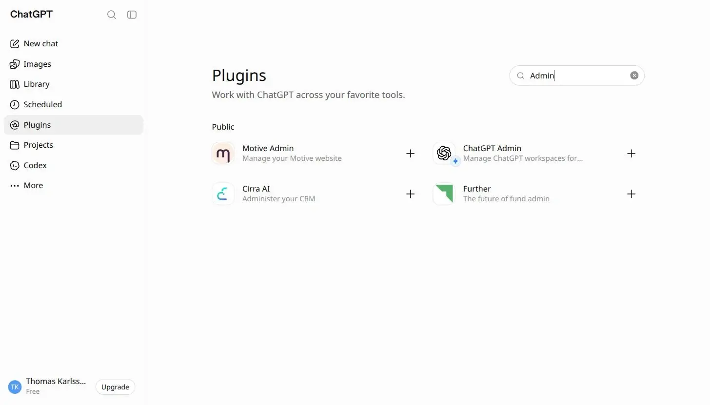 Pluginkatalogen i ChatGPT med sökningen Admin och fyra träffar, bland dem ChatGPT Admin med texten Manage ChatGPT workspaces for