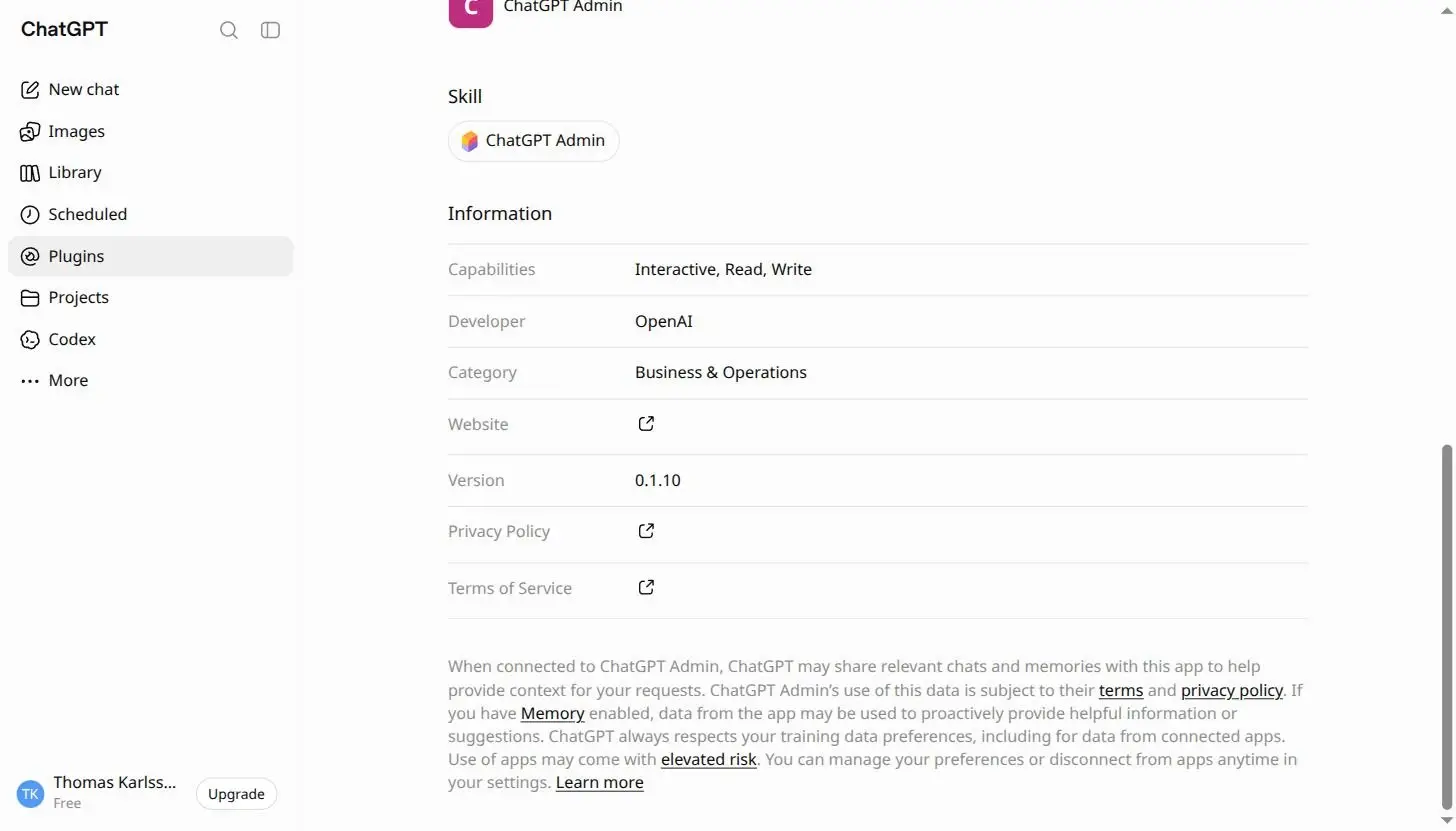 Pluginets informationsdel i ChatGPT: Capabilities Interactive, Read, Write, Developer OpenAI, Category Business & Operations, Version 0.1.10