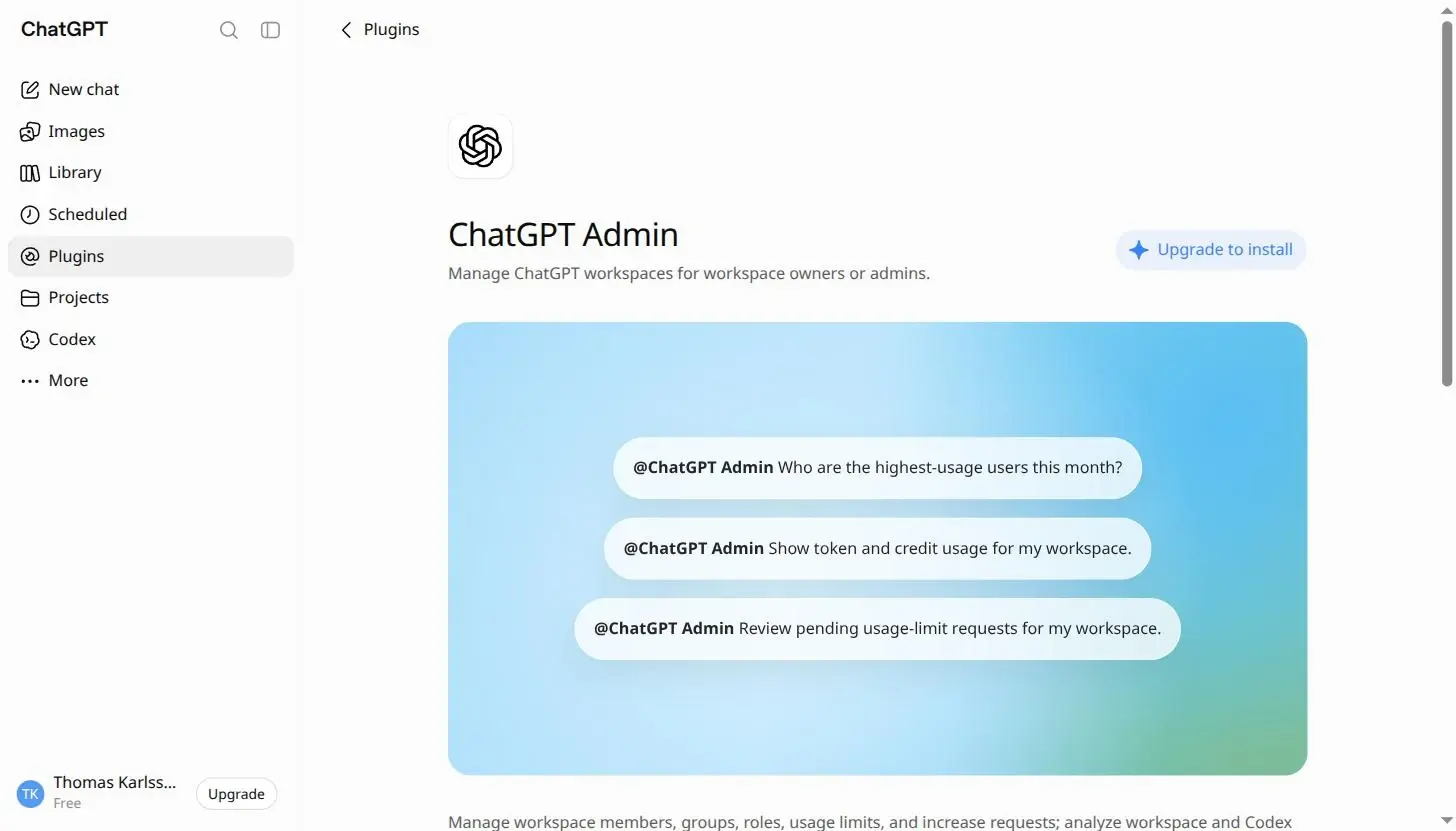 Pluginsidan ChatGPT Admin med tre exempelfrågor och knappen Upgrade to install, kontot visar Free