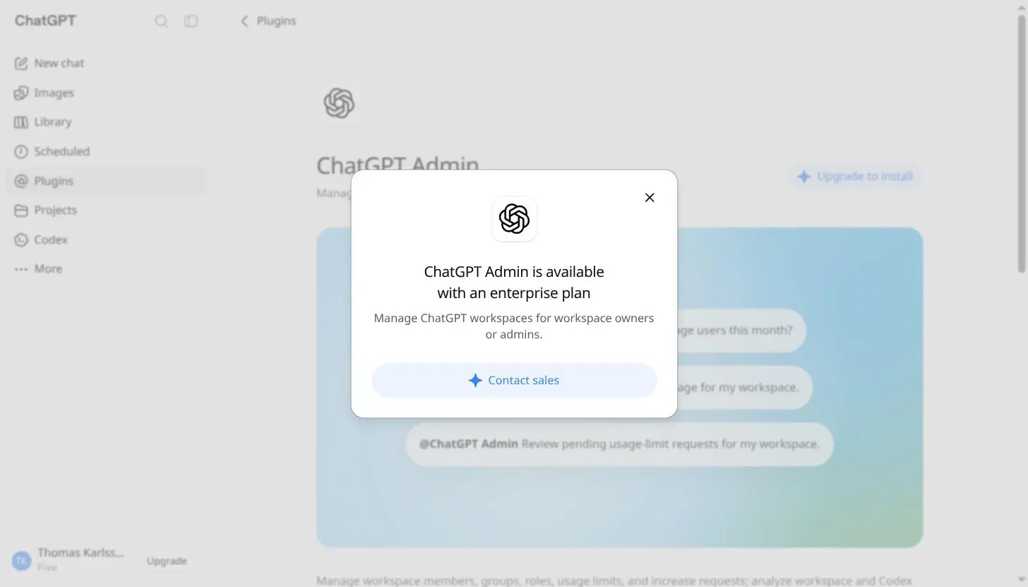 Dialogrutan ChatGPT Admin is available with an enterprise plan med den enda knappen Contact sales