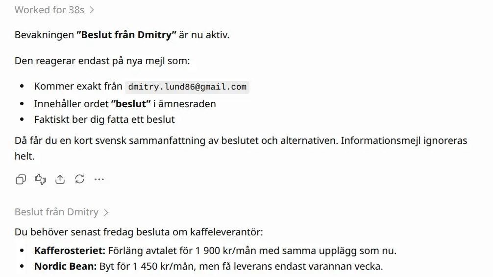 Skärmbild: uppgiften Beslut från Dmitry visar de två kaffeleverantörerna med pris och villkor