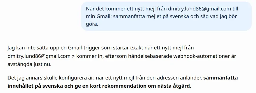 Skärmbild: ChatGPT i chattläget svarar att den inte kan sätta upp en Gmail-trigger eftersom händelsebaserade automationer är avstängda