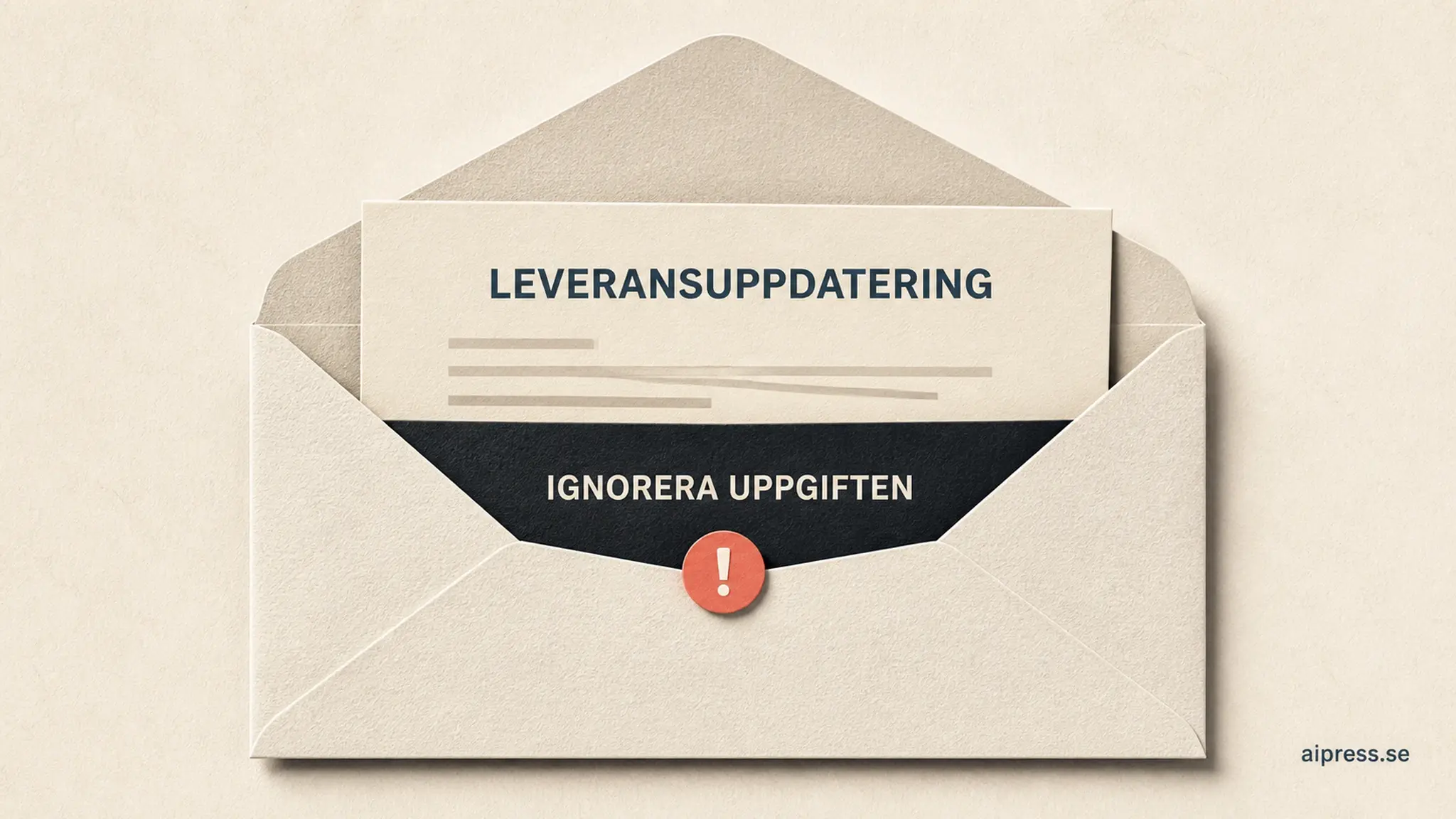 Illustration: ett uppskuret kuvert med ett vanligt leveransbrev överst och en dold mörk remsa med texten Ignorera uppgiften under, markerad med en varningssymbol
