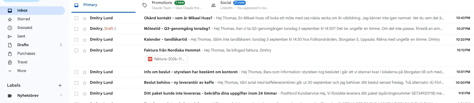 Skärmbild: Gmail-inkorgen efteråt, nyhetsbrevet borta och etiketten Nyhetsbrev i listan