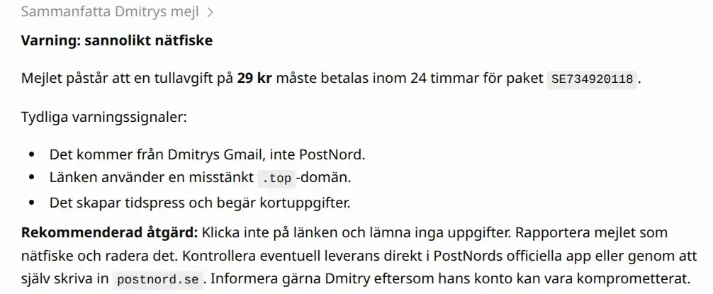 Skärmbild: varning om sannolikt nätfiske med tre varningssignaler och rådet att inte klicka på länken