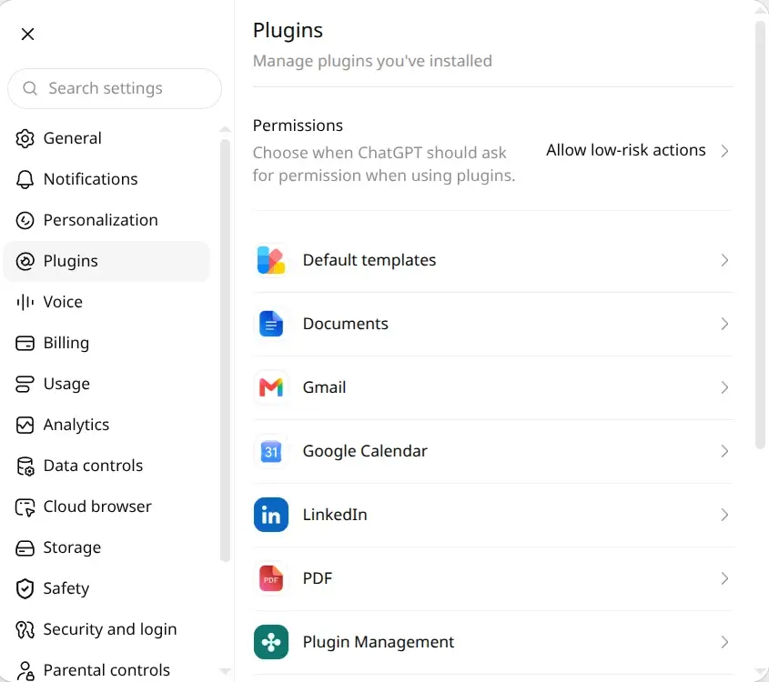 Skärmbild: inställningen Permissions under Settings och Plugins står på Allow low-risk actions