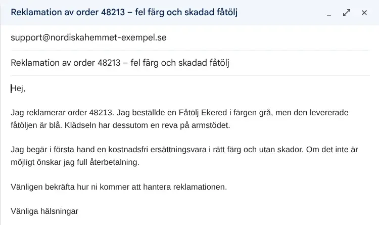 Skärmbild: reklamationsutkastet i Gmail till butikens supportadress med ordernummer och krav