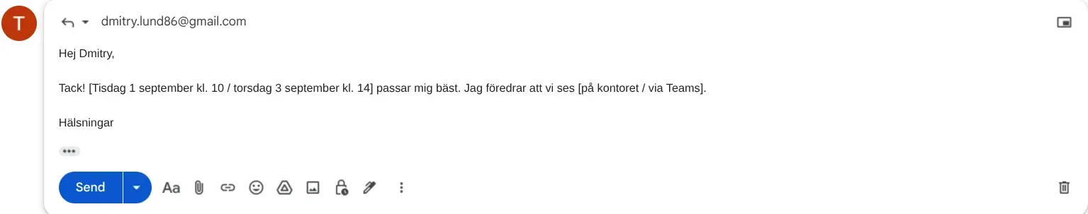 Skärmbild: svarsutkastet i Gmail där mötestid och mötesform står inom hakparenteser