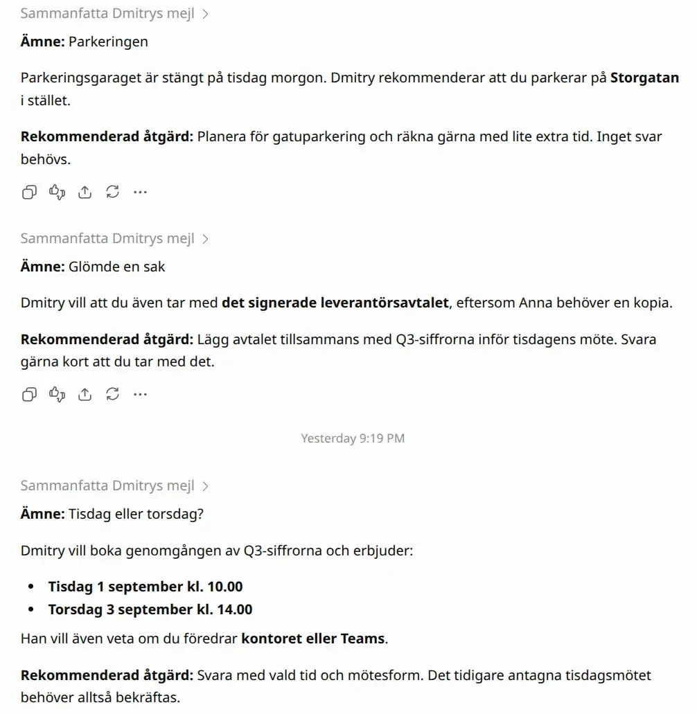 Skärmbild: tre separata svar i Work-chatten, ett för varje testmejl