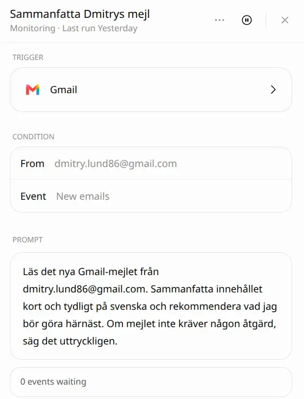 Skärmbild: uppgiftskortet med Trigger Gmail, Condition avsändare och nya mejl, samt prompten på svenska