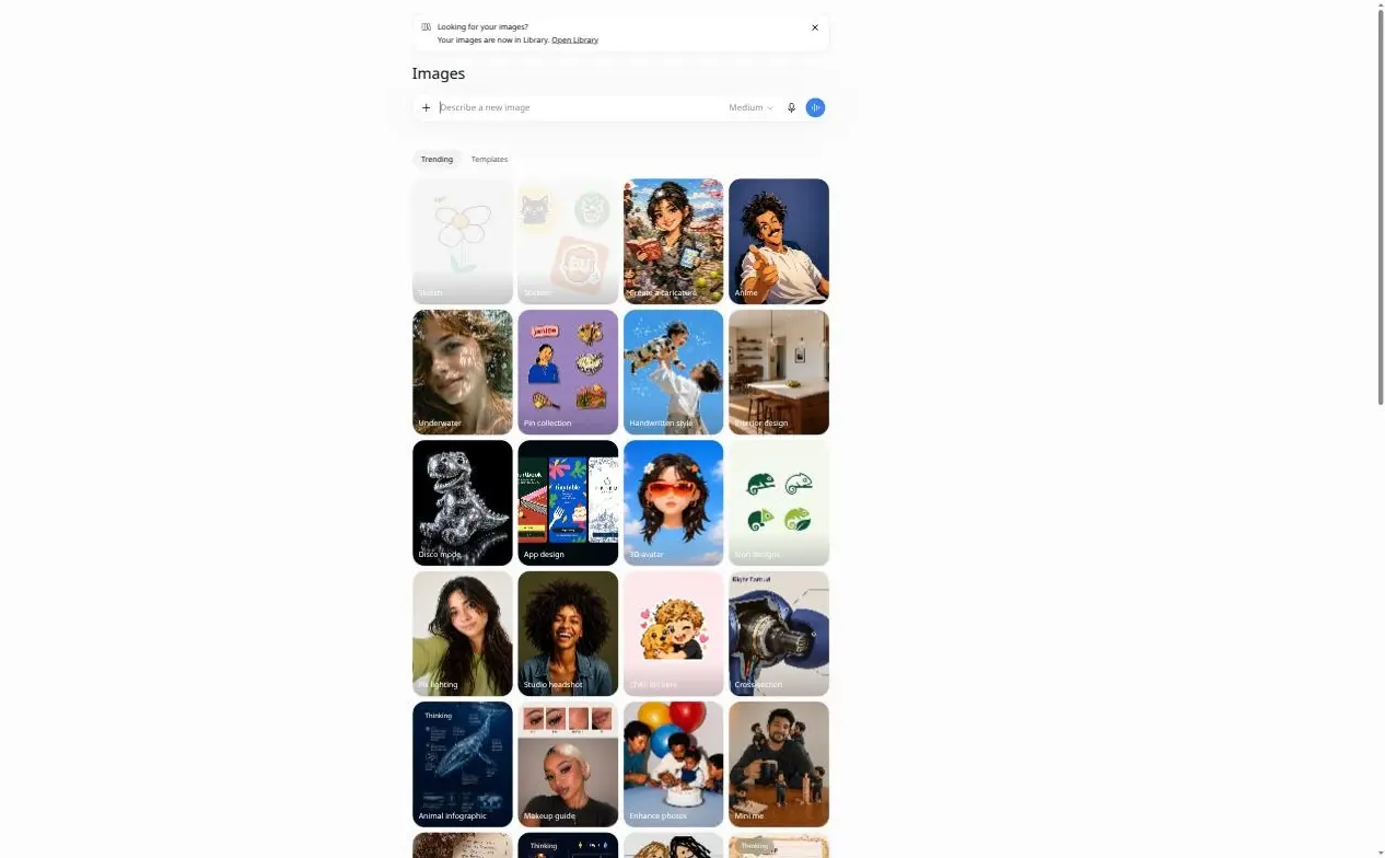 Sidan Images i ChatGPT på webben med promptfältet, flikarna Trending och Templates och mallgalleriet