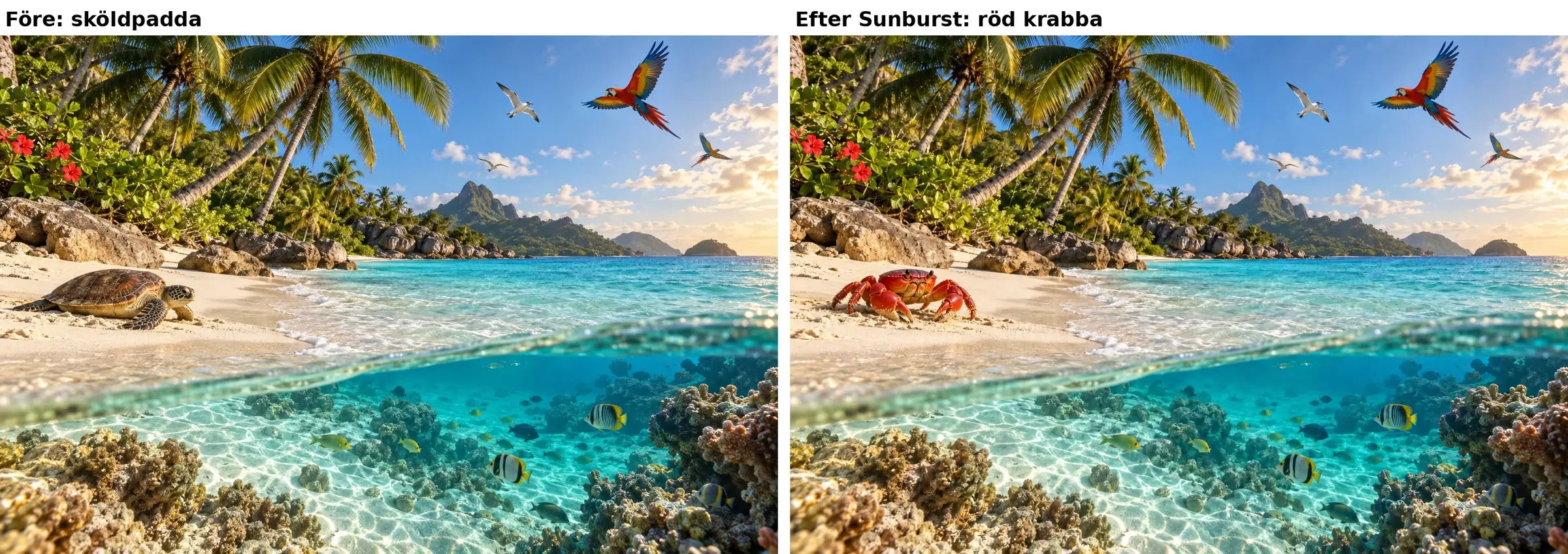 Före och efter redigering med Sunburst: sköldpaddan på stranden har bytts mot en röd krabba och resten av bilden är kvar
