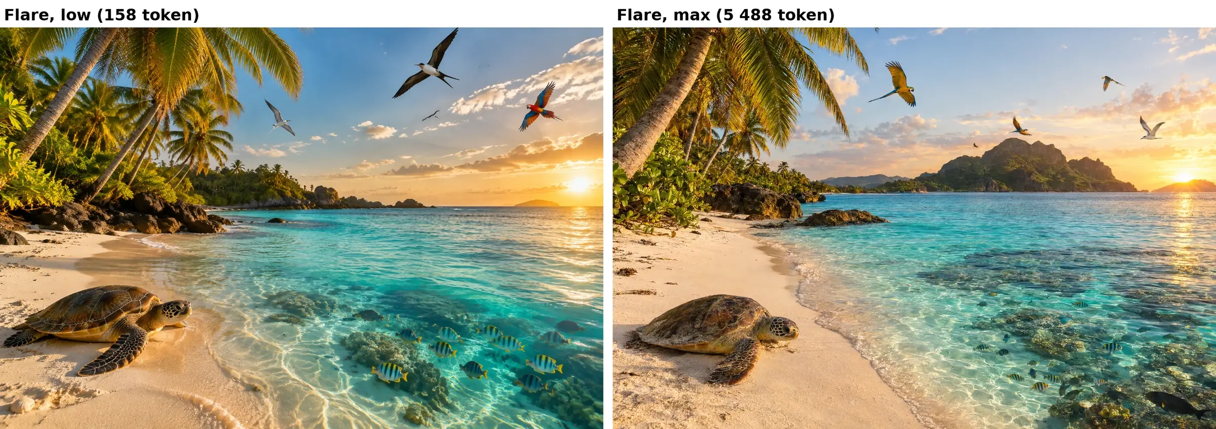 Samma strandprompt renderad av Flare i kvalitet low och max sida vid sida