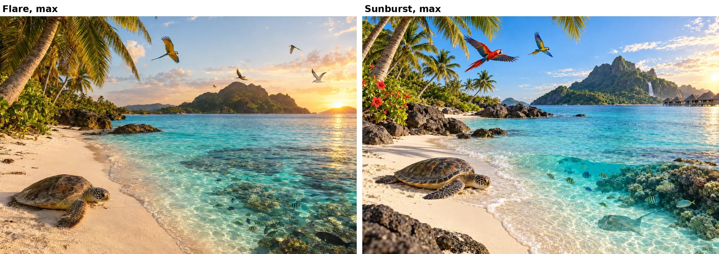 Flare och Sunburst på högsta kvalitet max med samma paradisprompt, Sunburst med fler detaljer ur prompten