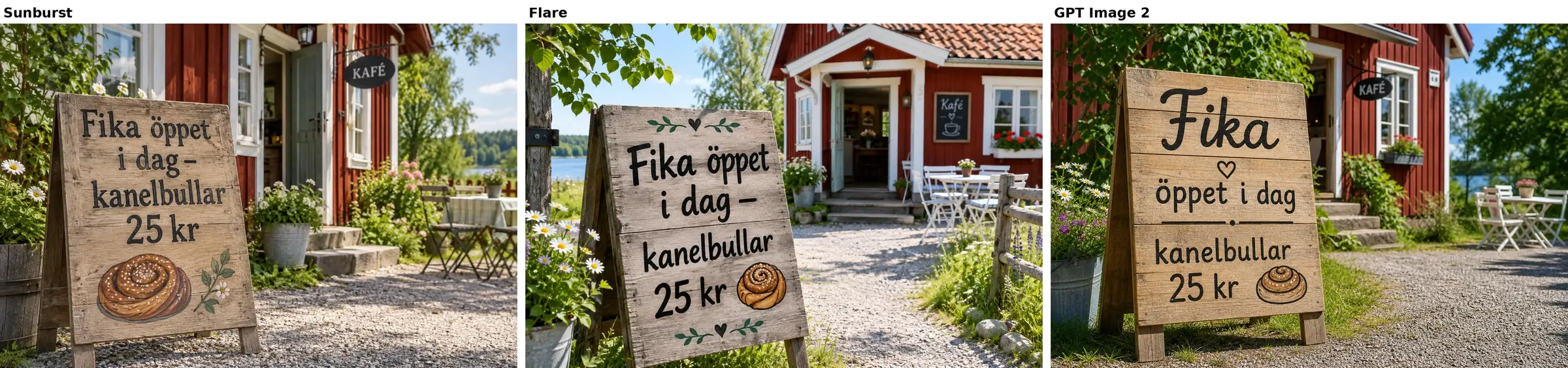 Kaféskylten med texten Fika öppet i dag kanelbullar 25 kr ritad av Sunburst, Flare och GPT Image 2