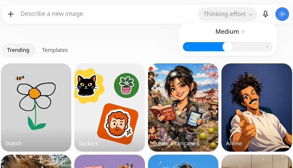 Reglaget Thinking effort i ChatGPT Images med läget Medium valt
