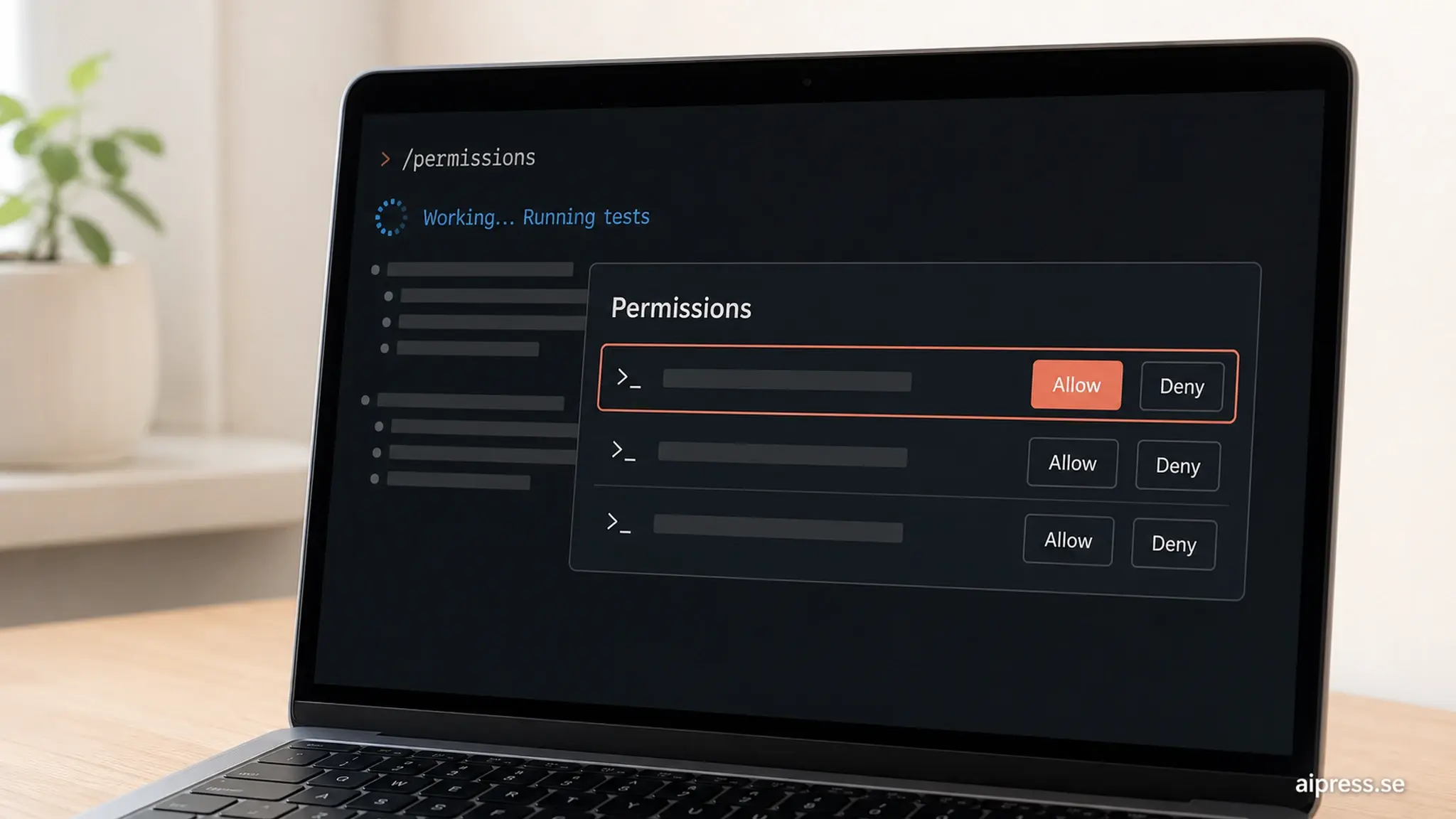 Närbild på en bärbar dator där kommandot /permissions har öppnat behörighetspanelen ovanpå ett pågående jobb med statusraden Working: Running tests