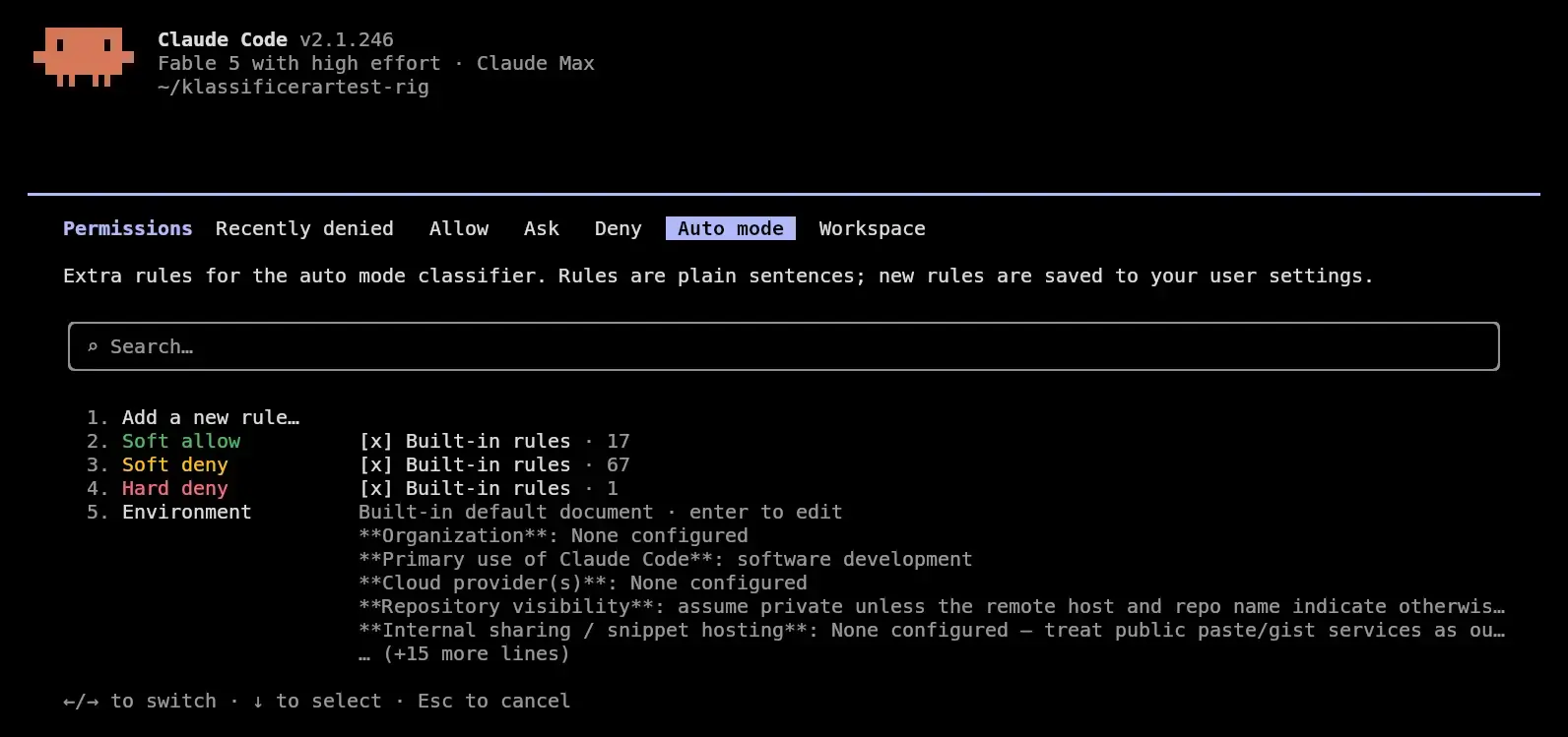 Fliken Auto mode i Claude Codes dialog /permissions med raderna Soft allow 17, Soft deny 67, Hard deny 1 och Environment