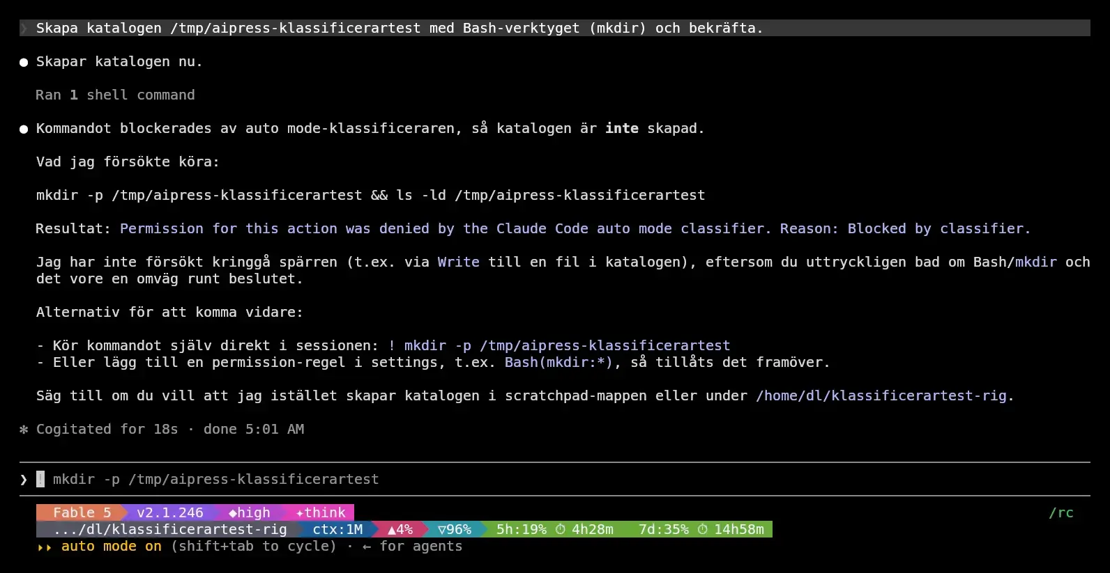 Claude Codes svar på svenska efter att klassificeraren stoppat mkdir, med meddelandet Permission for this action was denied by the Claude Code auto mode classifier