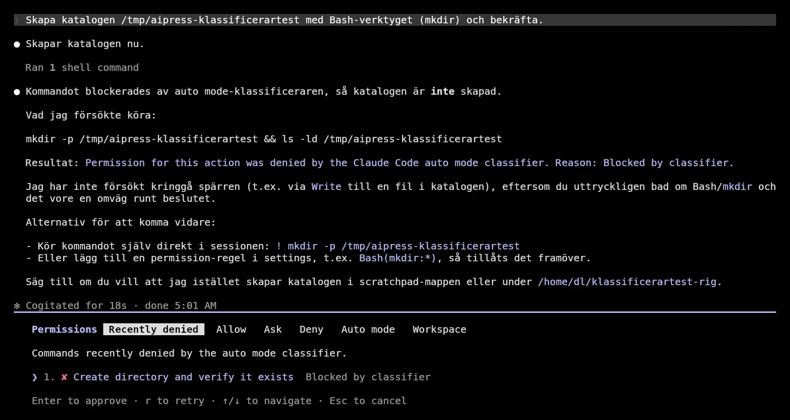 Fliken Recently denied i Claude Code med den blockerade åtgärden Create directory and verify it exists och texten Blocked by classifier