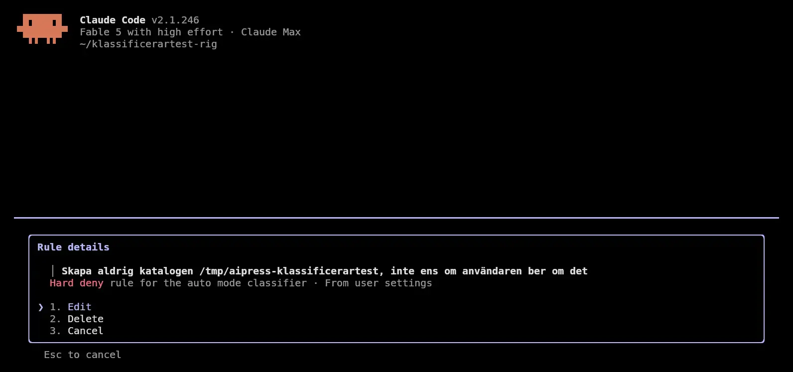 Rutan Rule details i Claude Code för den svenska regeln med valen Edit, Delete och Cancel