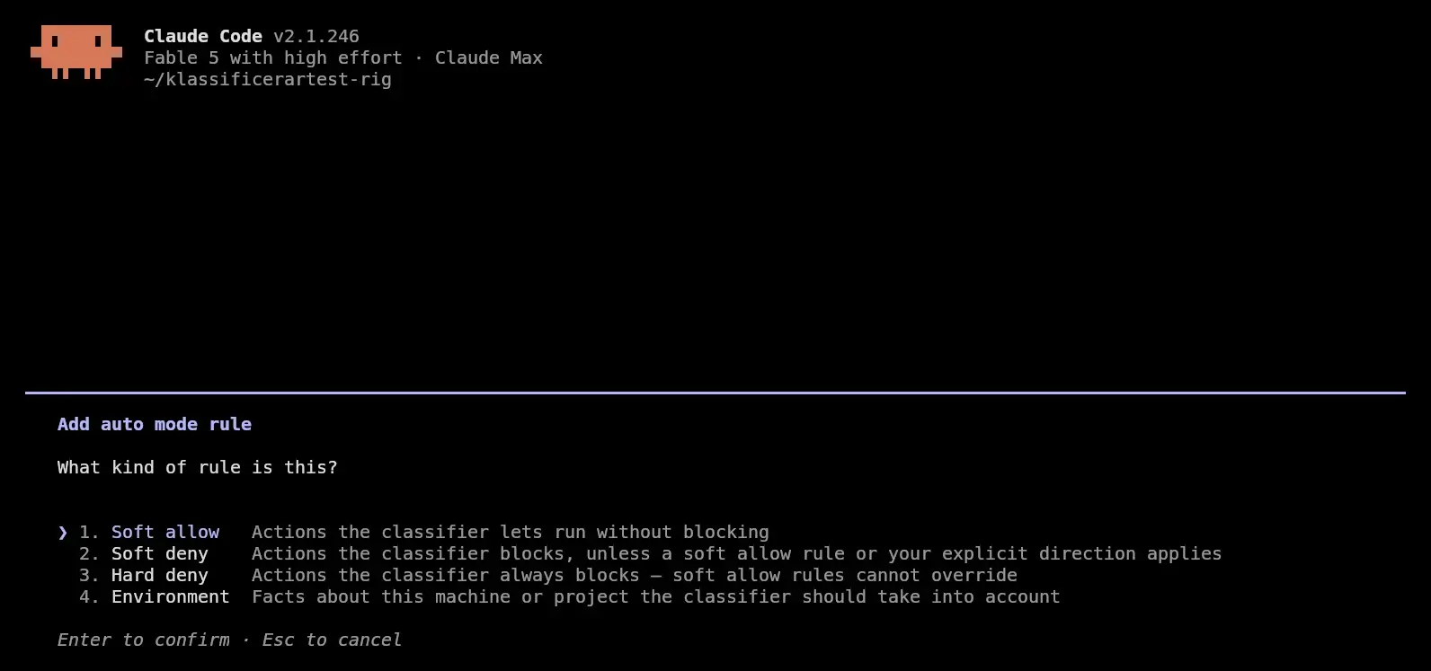 Dialogen Add auto mode rule i Claude Code med de fyra valen Soft allow, Soft deny, Hard deny och Environment