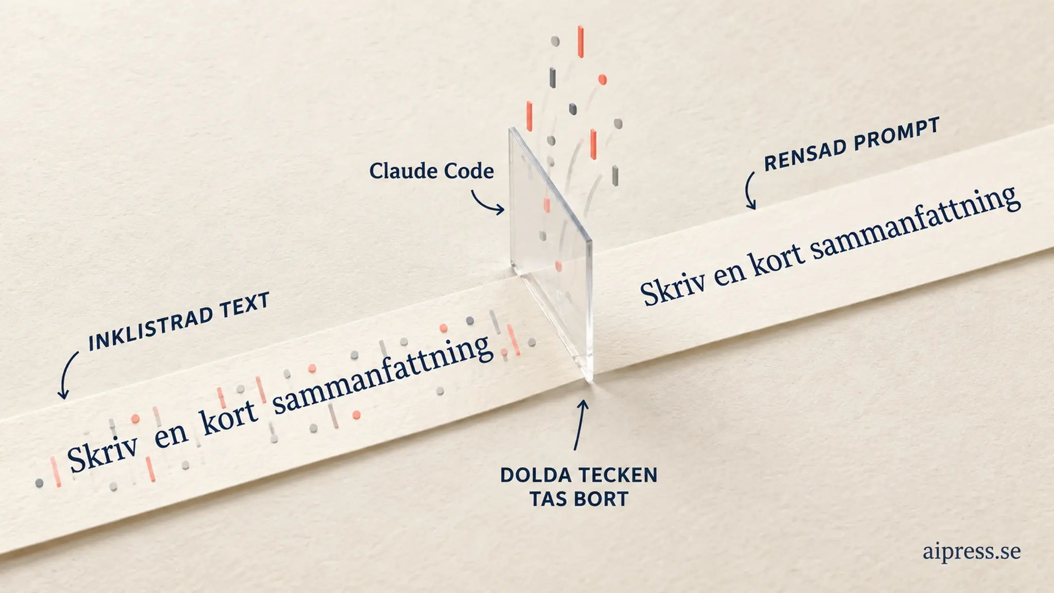 En pappersremsa med meningen Skriv en kort sammanfattning full av färgade prickar och streck passerar genom en genomskinlig skiva märkt Claude Code och kommer ut ren på andra sidan, med etiketterna INKLISTRAD TEXT, DOLDA TECKEN TAS BORT och RENSAD PROMPT