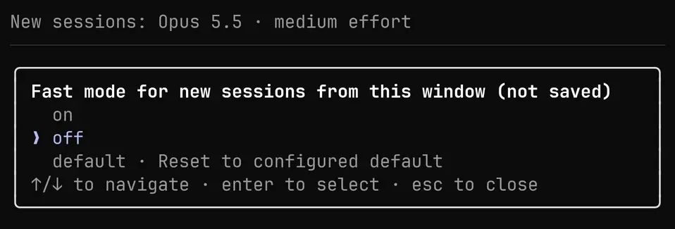 Agentvyn i Claude Code med raden New sessions: Opus 5.5 · medium effort överst och under den väljaren Fast mode for new sessions from this window (not saved), med alternativen on, off och default och hjälpraden om piltangenter, Enter och Esc.