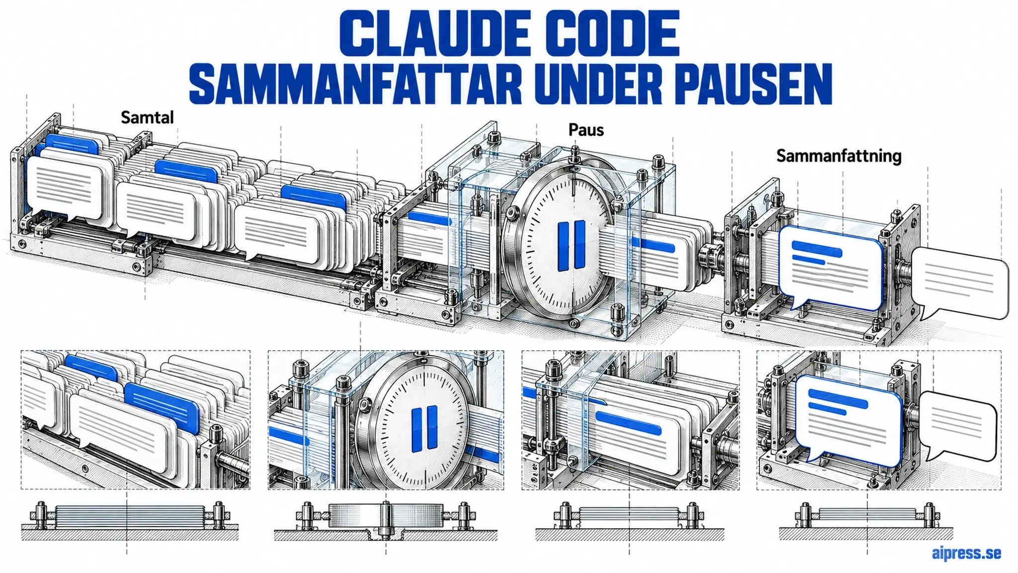 Illustration av ett långt samtal i Claude Code som förkortas medan arbetet är pausat.