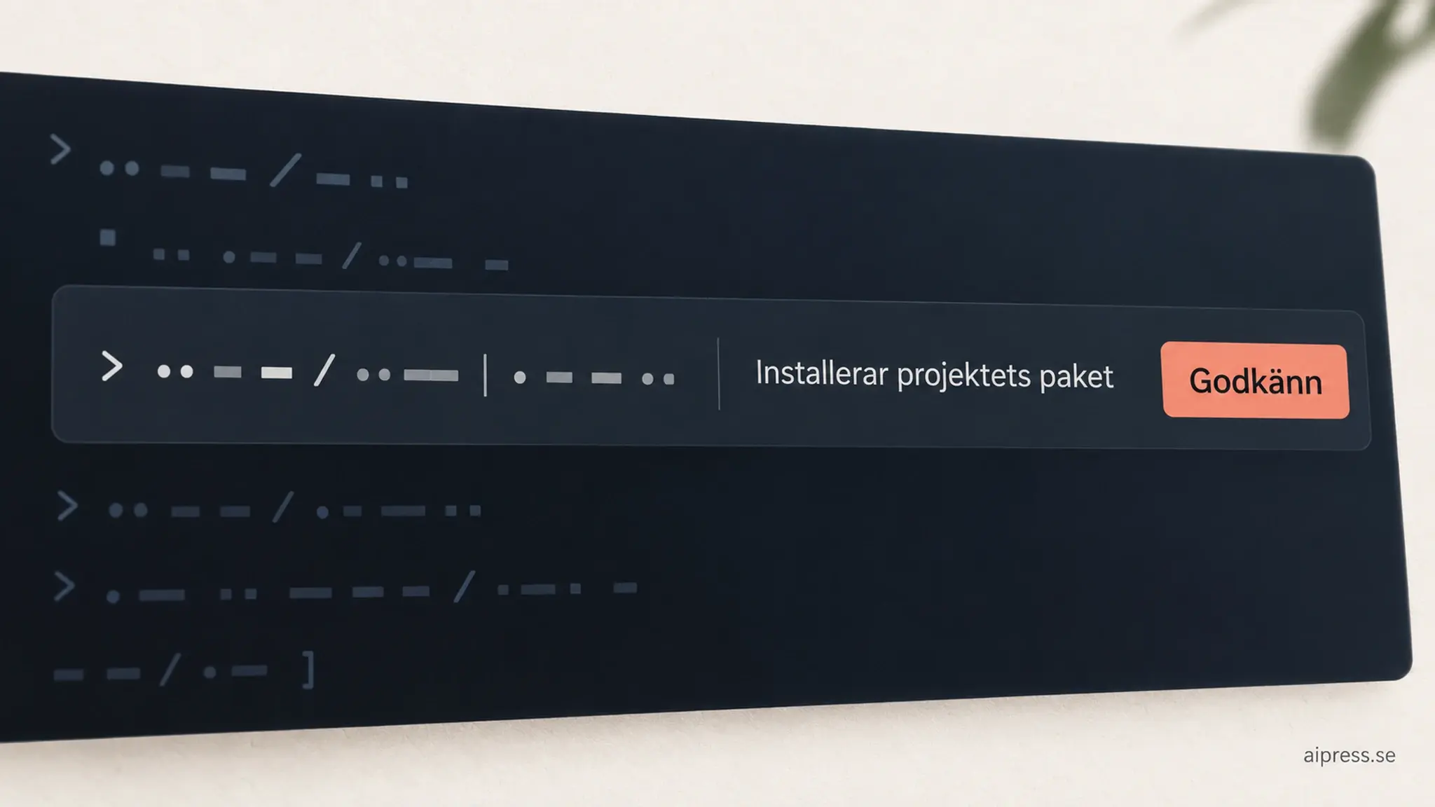 Mörk terminalyta där ett oläsligt kommando till vänster följs av beskrivningen Installerar projektets paket och en knapp märkt Godkänn