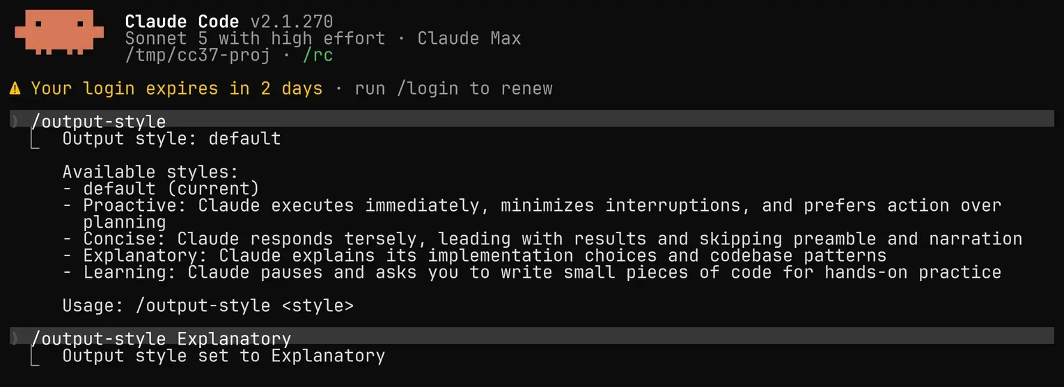 Terminalfönster där kommandot output-style listar fem svarsstilar i Claude Code 2.1.270 och bekräftar bytet till Explanatory