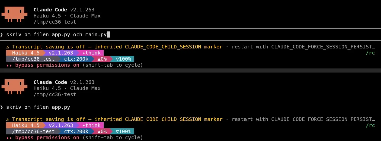 Två skärmbilder av prompten i Claude Code 2.1.263: före står skriv om filen app.py och main.py, efter två tryck på Ctrl+W står bara skriv om filen app.py