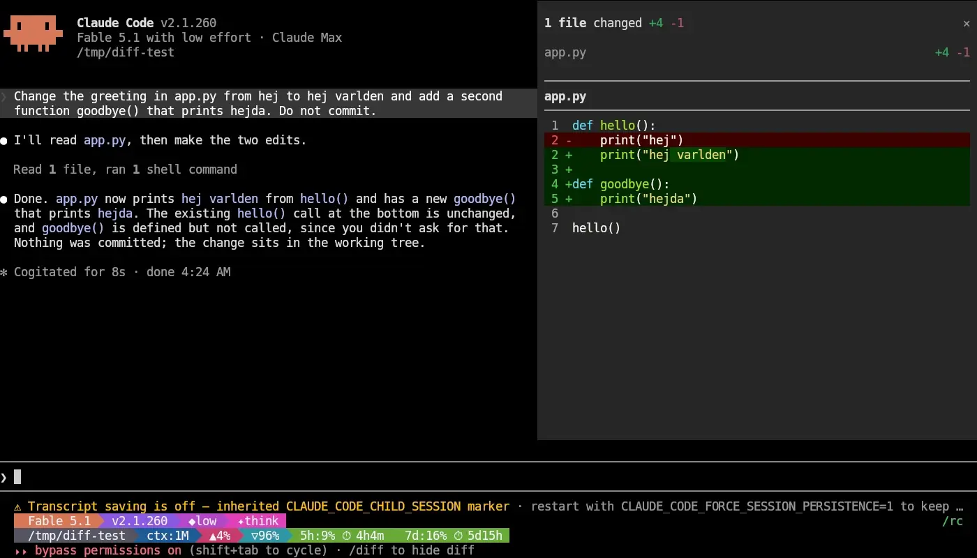 Skärmbild av Claude Code 2.1.260 i fullskärmsläge: samtalet till vänster och diffpanelen till höger med rubriken 1 file changed +4 -1, filen app.py, en borttagen rad i rött och tillagda rader i grönt