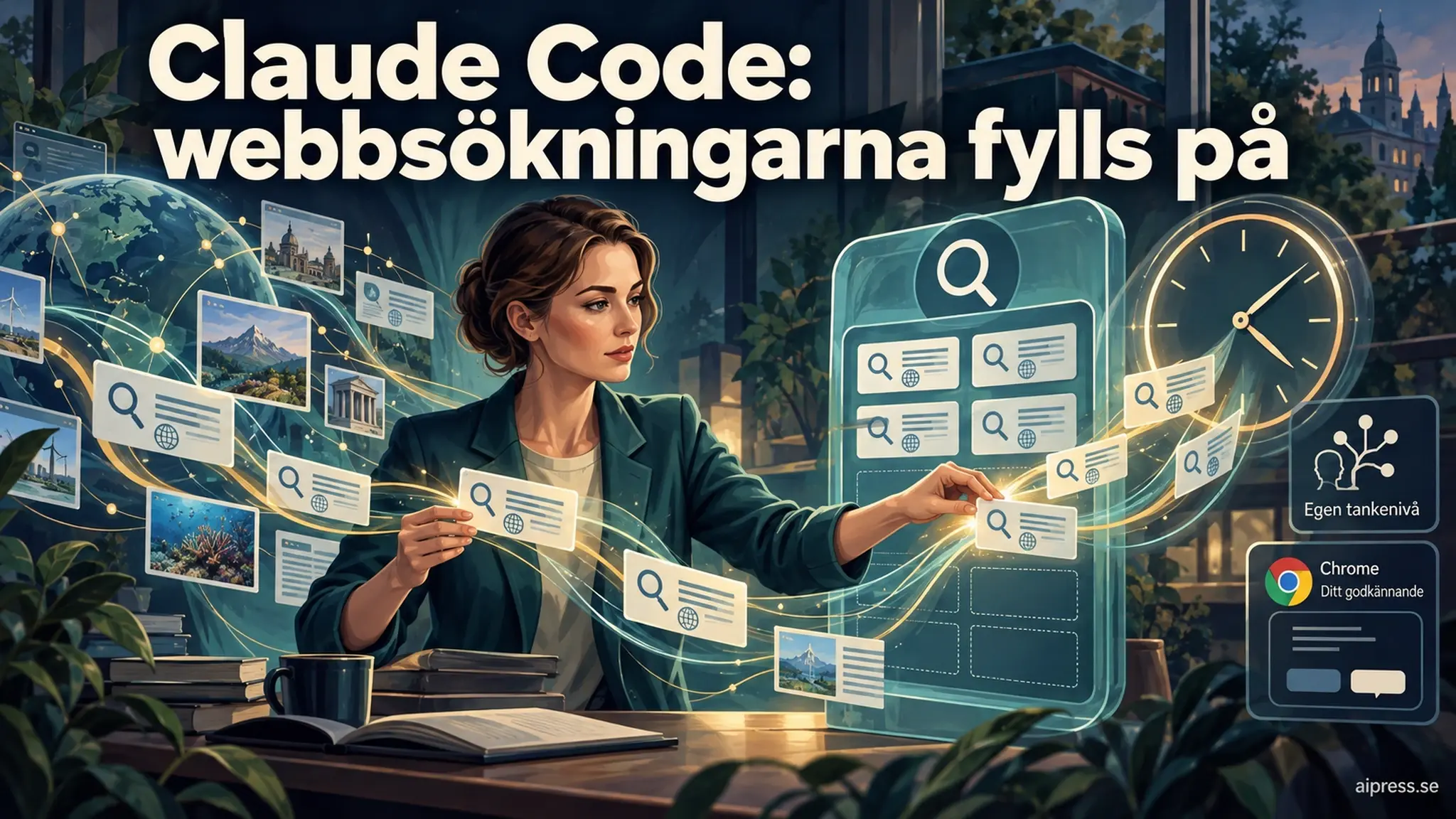 En kvinna sätter tillbaka sökkort i en glastavla med tomma platser bredvid en klocka, under rubriken om att Claude Codes webbsökningar fylls på.