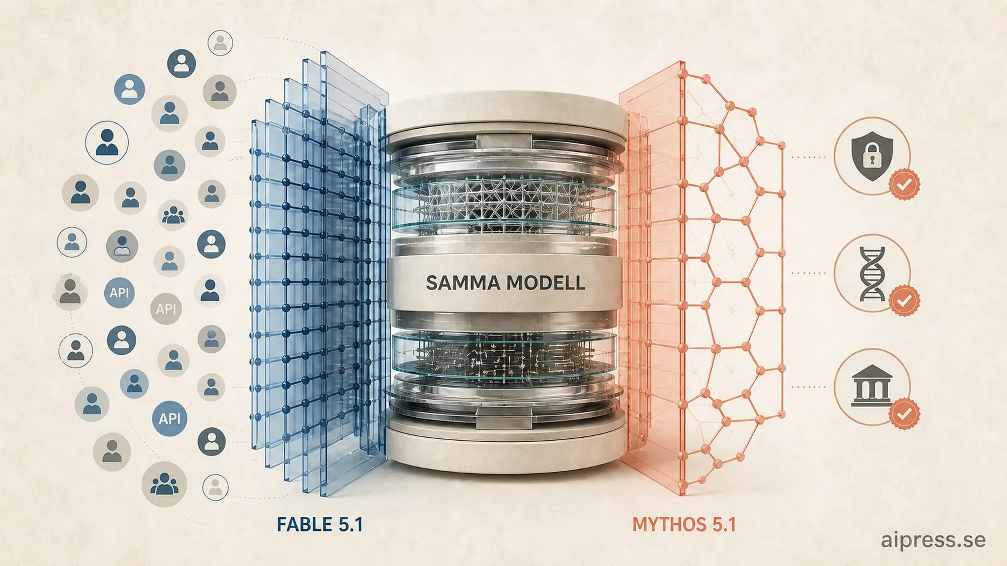Illustration av en enda modellkarna markt SAMMA MODELL. Till vanster leder ett tatt blatt filter ut till manga anvandarsymboler under etiketten Fable 5.1, till hoger leder ett glesare korallfargat filter ut till tre verifierade organisationssymboler under etiketten Mythos 5.1