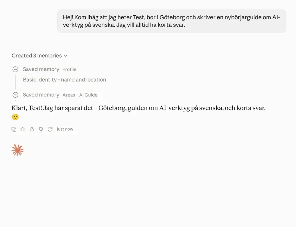 En chatt i Claude där raden Created 3 memories är utfälld ovanför svaret och visar Saved memory Profile: Basic identity - name and location samt Saved memory Areas › Ai Guide
