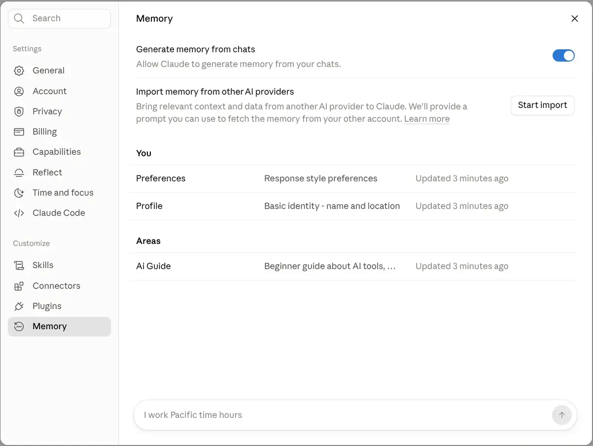 Settings > Memory med tre ämnen listade under rubrikerna You (Preferences, Profile) och Areas (Ai Guide), var och en med Updated 3 minutes ago