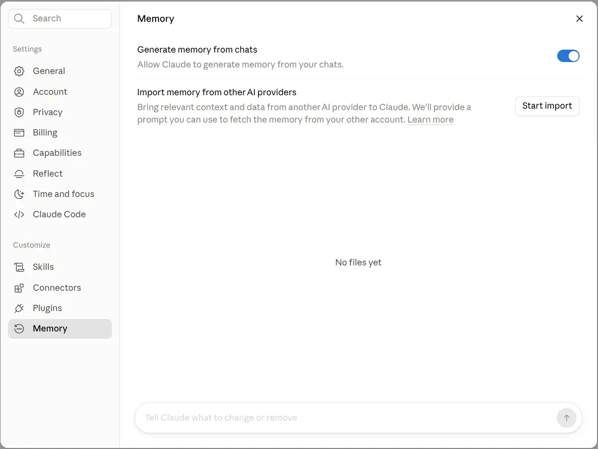 Claudes inställningsfönster med Memory valt i vänsterspalten, reglaget Generate memory from chats påslaget, knappen Start import och texten No files yet