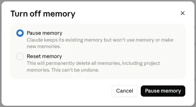 Dialogrutan Turn off memory med valen Pause memory (förvalt) och Reset memory samt knapparna Cancel och Pause memory