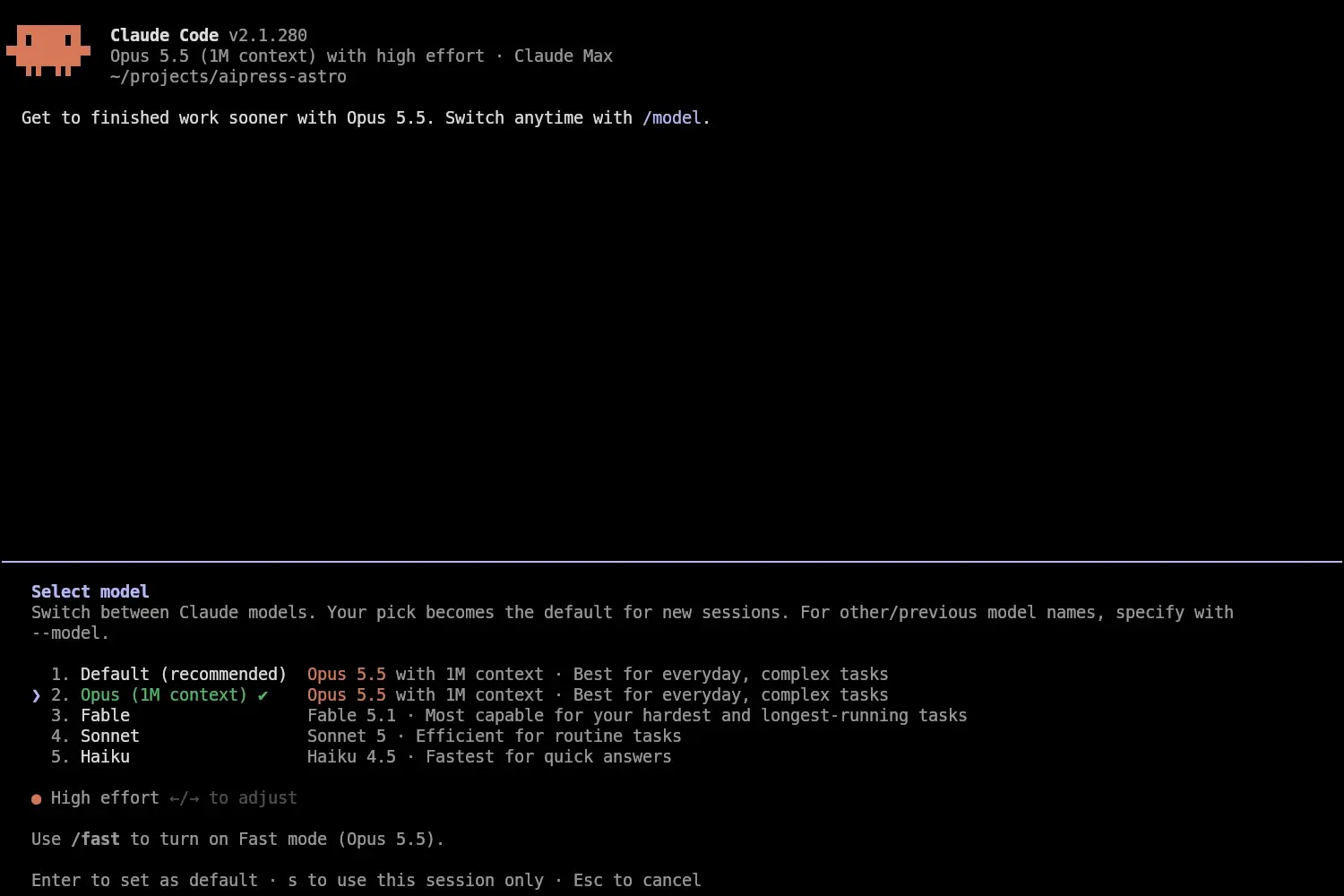 Claude Code 2.1.280 med kommandot /model öppet: Opus 5.5 med 1M context som standard, Fable 5.1, Sonnet 5 och Haiku 4.5 i listan