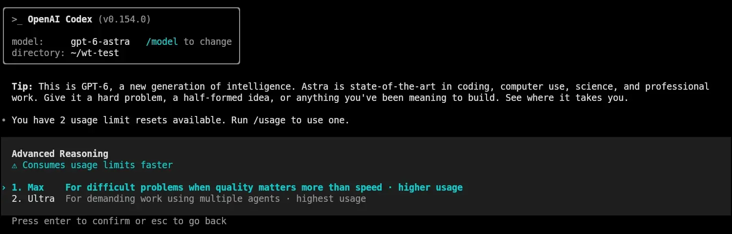 Skärmbild av menyn Advanced Reasoning i Codex CLI 0.154.0 med varningsraden Consumes usage limits faster och två val: 1. Max för svåra problem när kvalitet väger tyngre än snabbhet, och 2. Ultra för krävande arbete med flera agenter