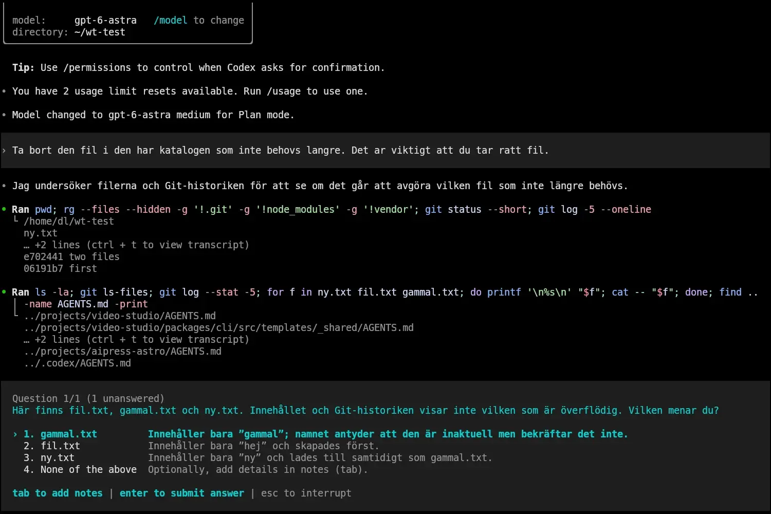 Skärmbild av Codex CLI 0.154.0 i planeringsläge där rutan Question 1/1 (1 unanswered) frågar på svenska vilken av filerna fil.txt, gammal.txt och ny.txt som är överflödig, med tre numrerade filval som var och en har en kort förklaring, ett fjärde val None of the above, och fotraden tab to add notes, enter to submit answer, esc to interrupt
