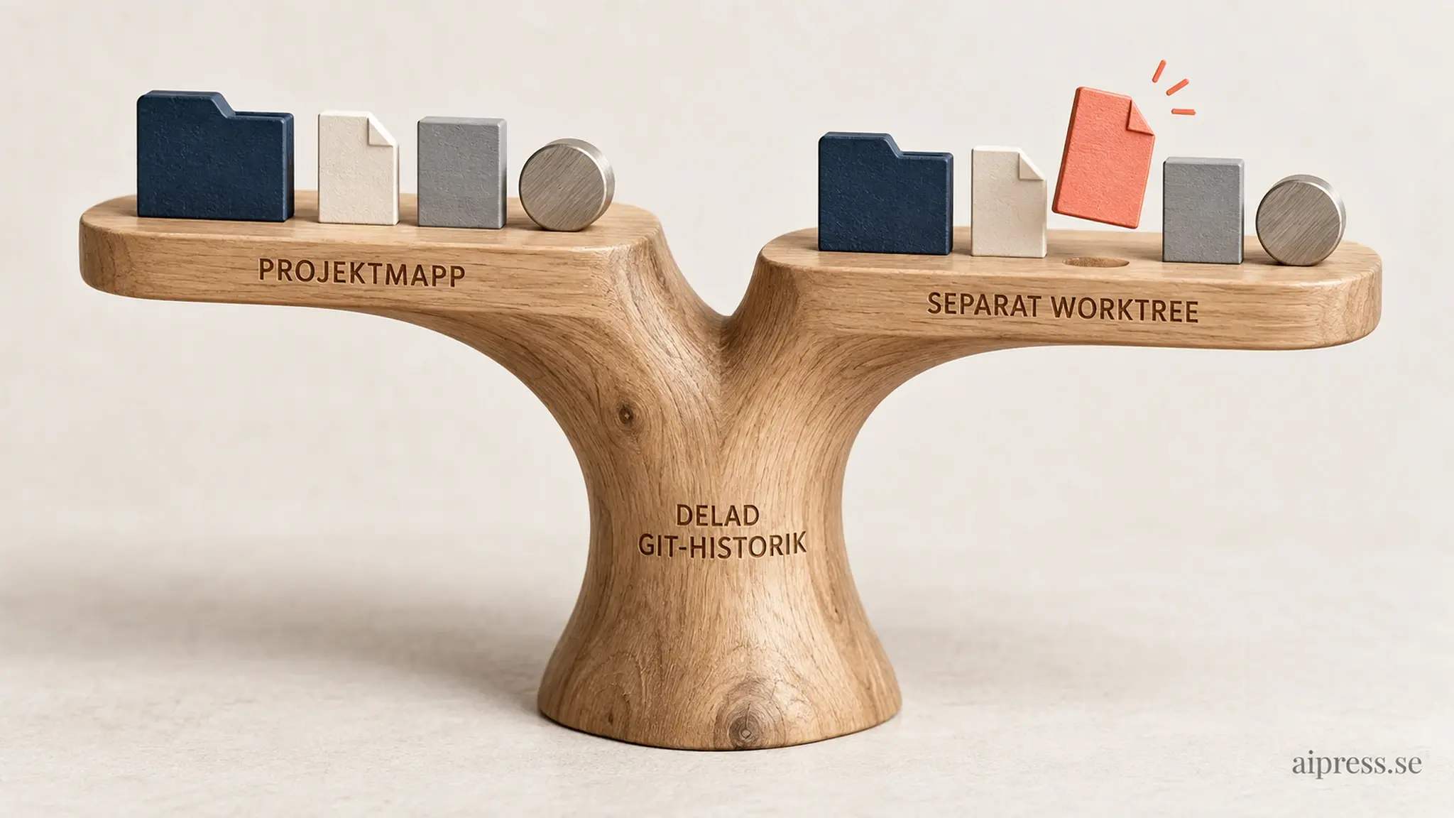 Illustration av en Y-formad träskulptur där stammen är märkt DELAD GIT-HISTORIK och delar sig i två arbetsytor: den vänstra märkt PROJEKTMAPP med fyra orörda filbrickor, den högra märkt SEPARAT WORKTREE med samma brickor men där en korallröd fil är lyft ur sitt hål och markerad som ändrad