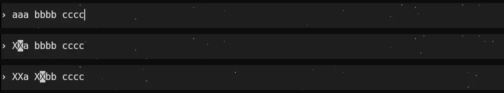 Tre skärmbilder av prompten i Codex CLI 0.154.0 i Vim-läge, staplade: först raden aaa bbbb cccc, sedan XXa bbbb cccc efter att R har ersatt två tecken, sedan XXa XXbb cccc efter att punktkommandot upprepat samma ändring på nästa ord