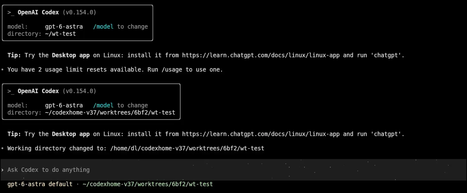 Skärmbild av Codex CLI 0.154.0 startad med flaggan enable worktrees, där kommandot slash worktree har bytt arbetskatalog och sessionen skriver ut raden Working directory changed to följt av sökvägen till kopian under worktrees, samtidigt som rutan högst upp och statusraden visar den nya sökvägen