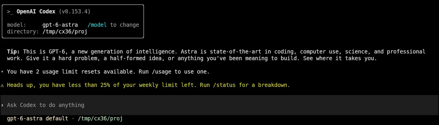Skärmbild av startskärmen i Codex CLI 0.153.4 med raderna You have 2 usage limit resets available och en gul varning Heads up, you have less than 25% of your weekly limit left, samt statusraden gpt-6-astra default