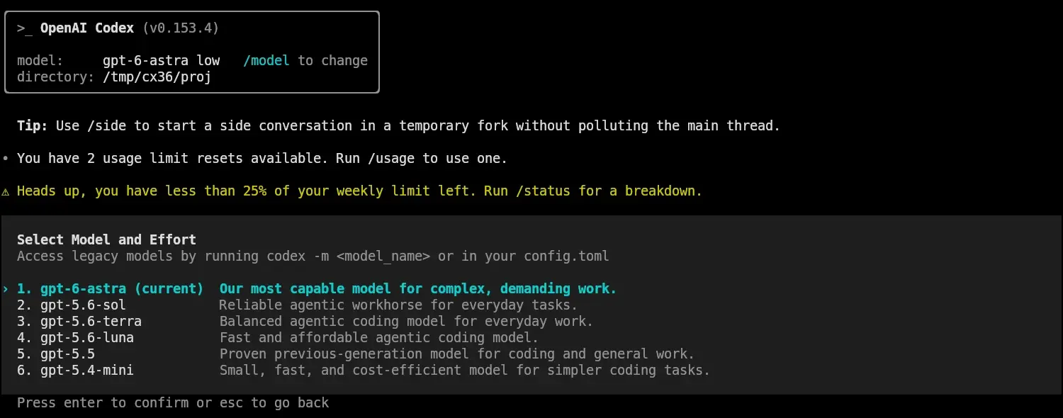 Skärmbild av modellväljaren i Codex CLI 0.153.4 med rubriken Select Model and Effort där gpt-6-astra står först och är markerad som aktuell, följd av gpt-5.6-sol, gpt-5.6-terra, gpt-5.6-luna, gpt-5.5 och gpt-5.4-mini
