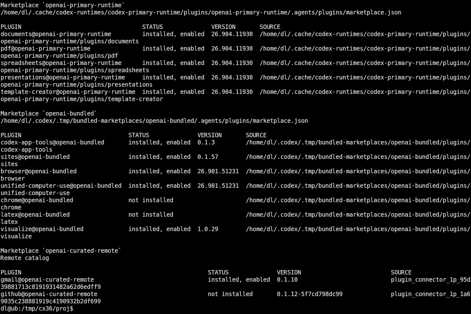 Skärmbild av terminalen där codex plugin list visar tre marknadsplatser: openai-primary-runtime och openai-bundled med installerade pluginer som documents, pdf, browser och visualize, samt fjärrkatalogen openai-curated-remote med gmail installerad och github inte installerad