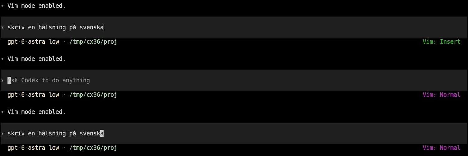 Tre skärmbilder av prompten i Codex CLI 0.153.4 i Vim-läge: först texten skriv en hälsning på svenska i Insert-läge, sedan en tom prompt efter u i Normal-läge, sedan samma text tillbaka efter Ctrl+R