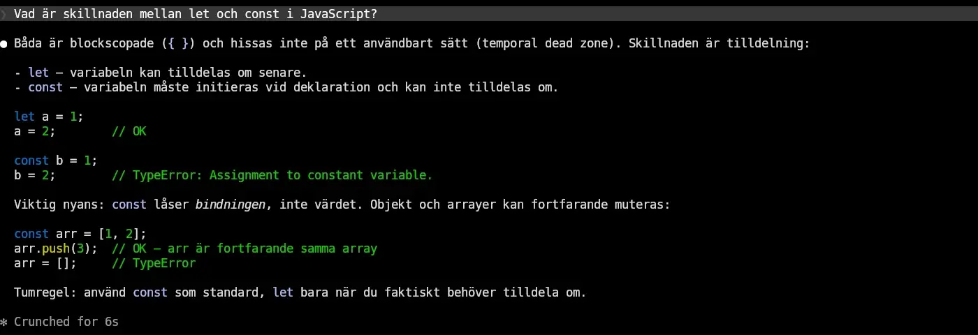 Samma fråga om let och const besvarad i Concise-stilen: kortare text utan rubriker och med ett enda kodblock